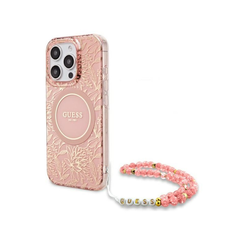 „Guess IML Flowers Allover Electro“ su perlų dirželiu „MagSafe“ dėklas, skirtas „iPhone 16 Pro Max“ – rožinis