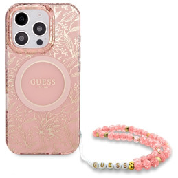 „Guess IML Flowers Allover Electro“ su perlų dirželiu „MagSafe“ dėklas, skirtas „iPhone 16 Pro Max“ – rožinis