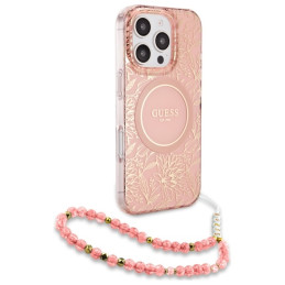 „Guess IML Flowers Allover Electro“ su perlų dirželiu „MagSafe“ dėklas, skirtas „iPhone 16 Pro Max“ – rožinis