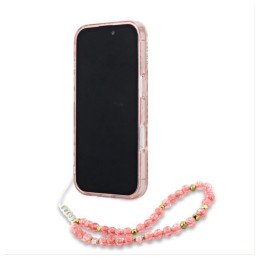 „Guess IML Flowers Allover Electro“ su perlų dirželiu „MagSafe“ dėklas, skirtas „iPhone 16 Pro Max“ – rožinis