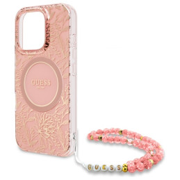 „Guess IML Flowers Allover Electro“ su perlų dirželiu „MagSafe“ dėklas, skirtas „iPhone 16 Pro Max“ – rožinis