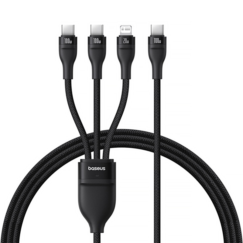„Baseus Flash Series 3“ 3 viename laidas 100 W USB-C - USB-C+USB-C+Lightning 1,5 m + 3 x 0,25 m - juodas „Baseus Flash Series 3“ 3 viename laidas 100 W USB-C - USB-C+USB-C+Lightning 1,5 m + 3 x 0,25 m - juodas