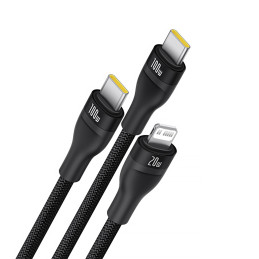 „Baseus Flash Series 3“ 3 viename laidas 100 W USB-C - USB-C+USB-C+Lightning 1,5 m + 3 x 0,25 m - juodas