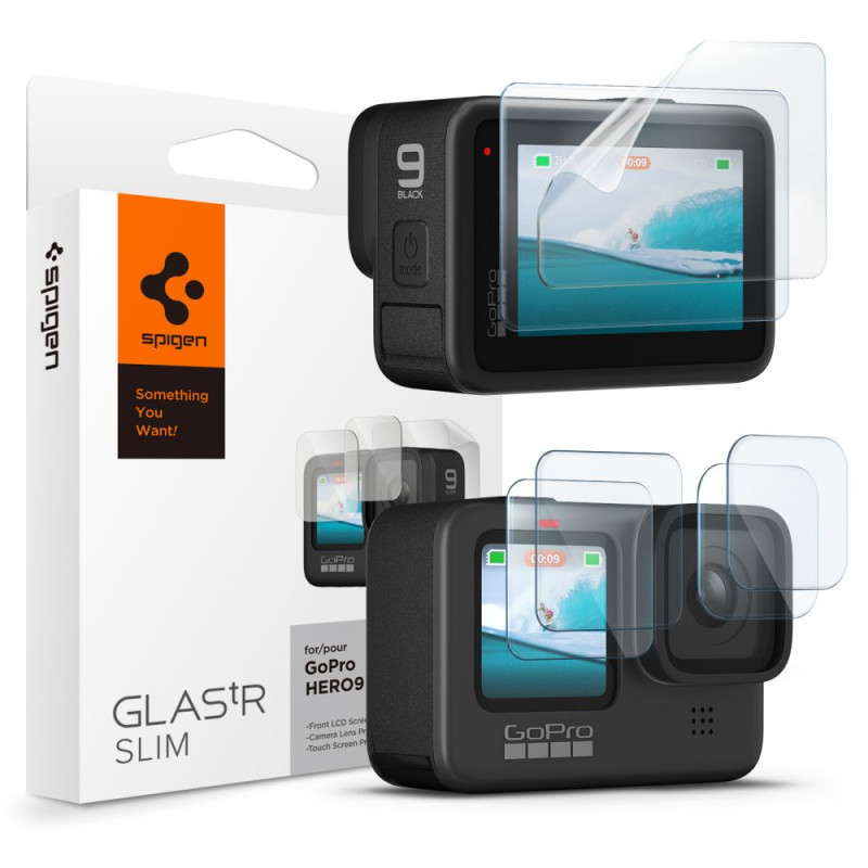 „Spigen Glass.tR Slim“ grūdinto stiklo ir plėvelės komplektas, skirtas „GoPro Hero 9 / 10 / 11 / 12“ kameroms - skaidrus