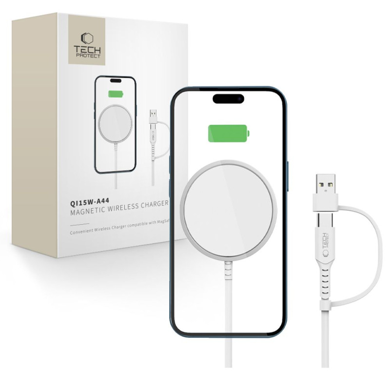 „Tech-Protect QI15W-A44“ magnetinis belaidis įkroviklis su „MagSafe“ – baltas