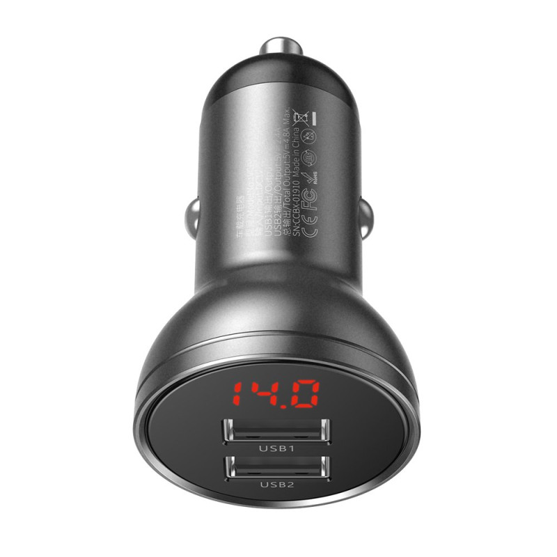 „Baseus“ automobilinis įkroviklis 2x USB 4.8A 24W su pilkos spalvos LCD (CCBX-0G)