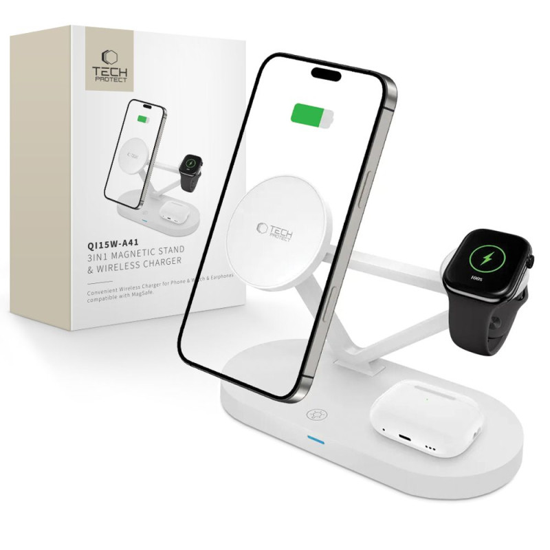 „Tech-Protect QI15W-A41“ 3in1 belaidis įkroviklis su „MagSafe“ funkcija, skirtas „Apple“ įrenginiams – baltas