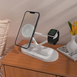 „Tech-Protect QI15W-A41“ 3in1 belaidis įkroviklis su „MagSafe“ funkcija, skirtas „Apple“ įrenginiams – baltas