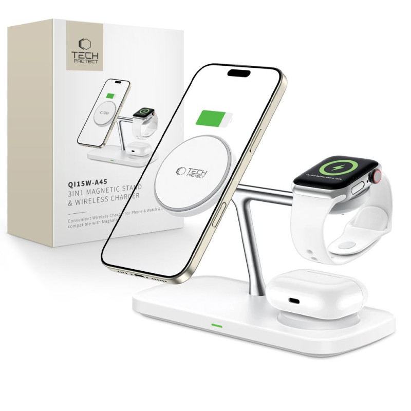 „Tech-Protect QI15W-A45“ 3in1 belaidis įkroviklis su „MagSafe“ funkcija, skirtas „Apple“ įrenginiams – baltas