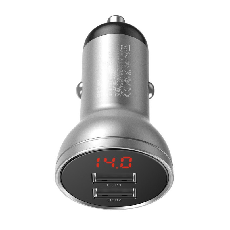 Baseus automobilinis įkroviklis 2x USB 4.8A 24W su LCD sidabru (CCBX-0S)