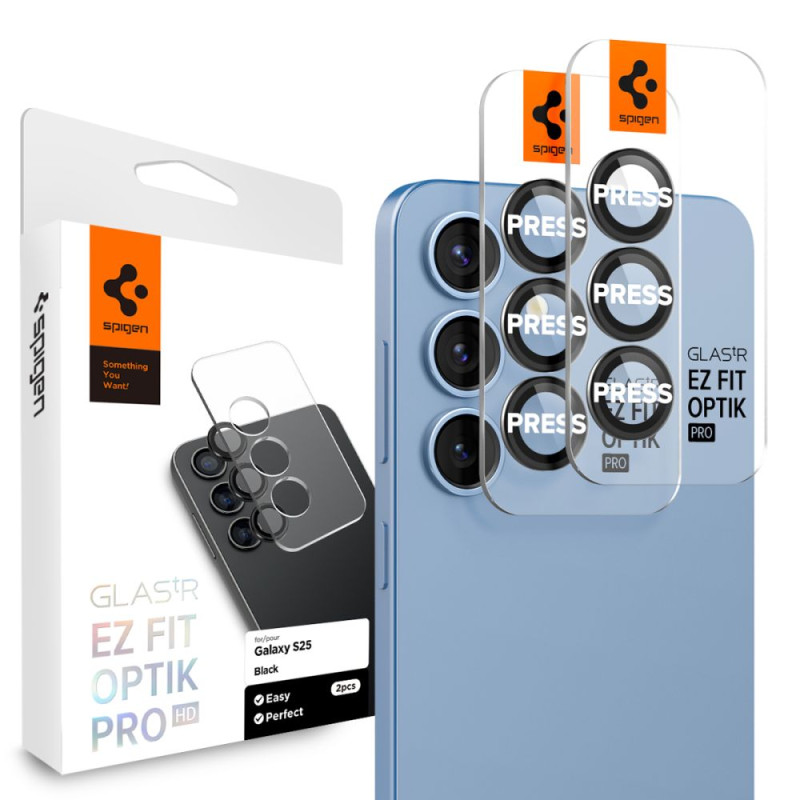 „Spigen Optik Pro GLAS.TR EZ FIT“ 2 kameros dėklų rinkinys, skirtas „Samsung Galaxy S25+“ – juodas