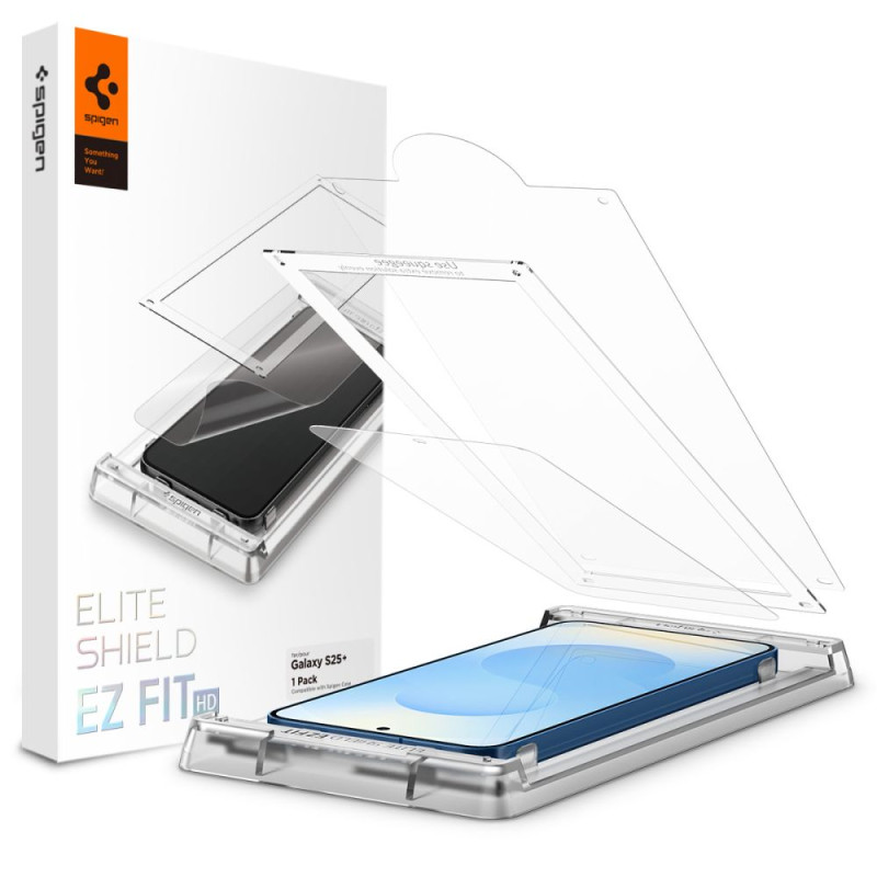 „Spigen ELITE SHIELD EZ FIT“ hibridinis stiklas, skirtas „Samsung Galaxy S25+“ - skaidrus
