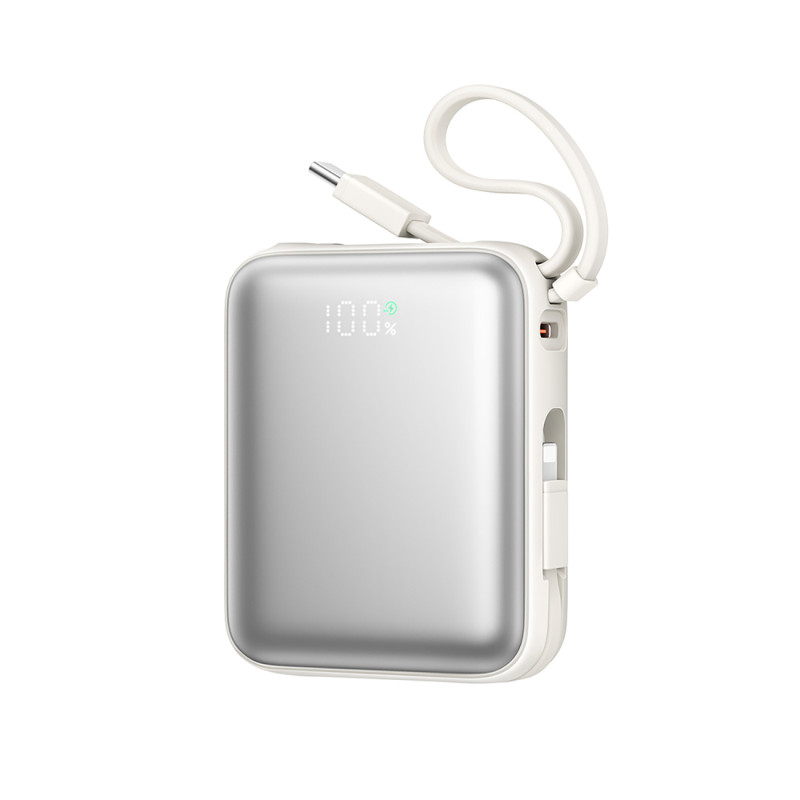 „Joyroom JR-PBF27“ 10000mAh 22,5W išorinė baterija su integruotu USB-C ir „Lightning“ laidu – balta