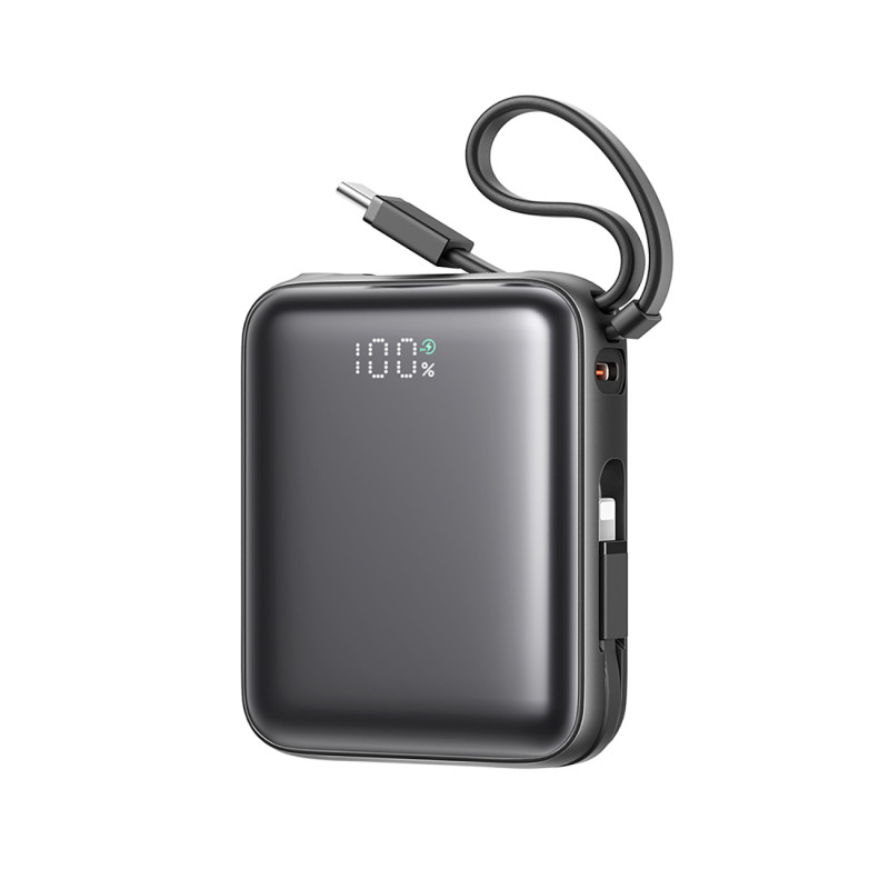 „Joyroom JR-PBF27“ 10000mAh 22,5W išorinė baterija su integruotu USB-C ir „Lightning“ laidu - juoda