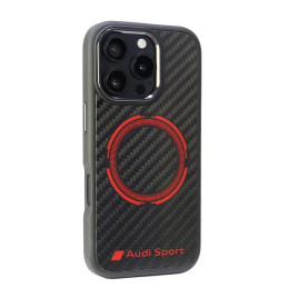 „Audi“ anglies pluošto sportinis raudonas apskritimas su „MagSafe“ dėklu, skirtu „iPhone 16 Pro 6.3“ – juodas
