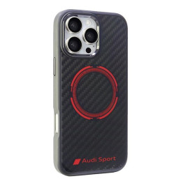 „Audi“ anglies pluošto sportinis raudonas apskritimas su „MagSafe“ dėklu, skirtu „iPhone 16 Pro Max 6.9“ – juodas