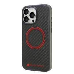 „Audi“ anglies pluošto sportinis raudonas apskritimas su „MagSafe“ dėklu, skirtu „iPhone 16 Pro Max 6.9“ – juodas