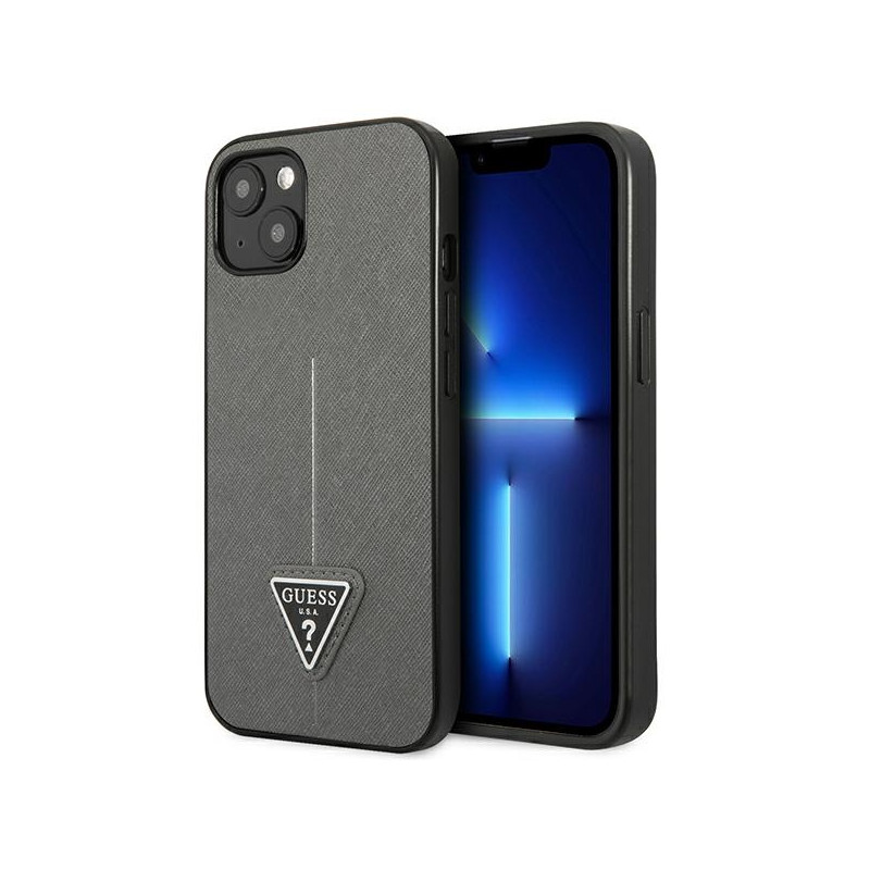 „Guess Saffiano“ trikampio formos logotipo dėklas, skirtas iPhone 13 / 14 / 15 6.1" - sidabrinis