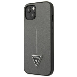 „Guess Saffiano“ trikampio formos logotipo dėklas, skirtas iPhone 13 / 14 / 15 6.1" - sidabrinis