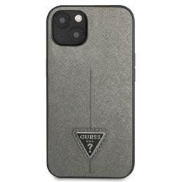 „Guess Saffiano“ trikampio formos logotipo dėklas, skirtas iPhone 13 / 14 / 15 6.1" - sidabrinis