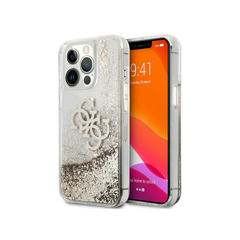 „Guess 4G Big Liquid Blizgučių“ dėklas, skirtas „iPhone 13 Pro Max 6.7“ – auksinis