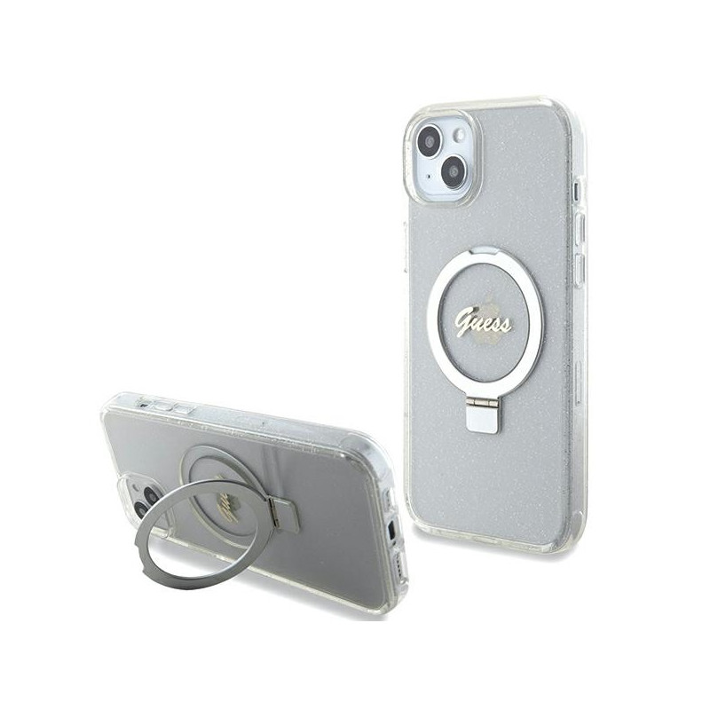 „Guess Ring Stand Script“ blizgučiais puoštas „MagSafe“ dėklas, skirtas „iPhone 15 Plus / 14 Plus 6.7“ – skaidrus