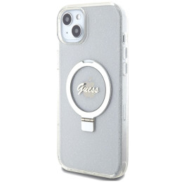 „Guess Ring Stand Script“ blizgučiais puoštas „MagSafe“ dėklas, skirtas „iPhone 15 Plus / 14 Plus 6.7“ – skaidrus