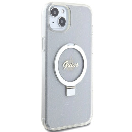 „Guess Ring Stand Script“ blizgučiais puoštas „MagSafe“ dėklas, skirtas „iPhone 15 Plus / 14 Plus 6.7“ – skaidrus