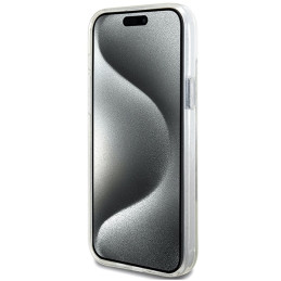 „Guess Ring Stand Script“ blizgučiais puoštas „MagSafe“ dėklas, skirtas „iPhone 15 Plus / 14 Plus 6.7“ – skaidrus