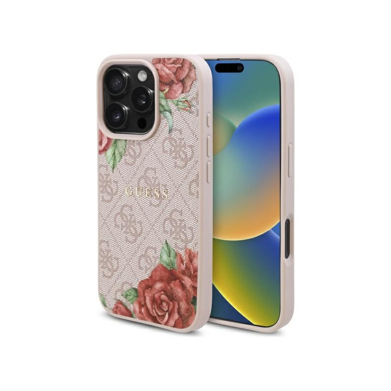 „Guess 4G“ gėlių rašto „MagSafe“ dėklas, skirtas „iPhone 16 Pro 6.3“ – rožinis
