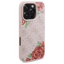 „Guess 4G“ gėlių rašto „MagSafe“ dėklas, skirtas „iPhone 16 Pro 6.3“ – rožinis