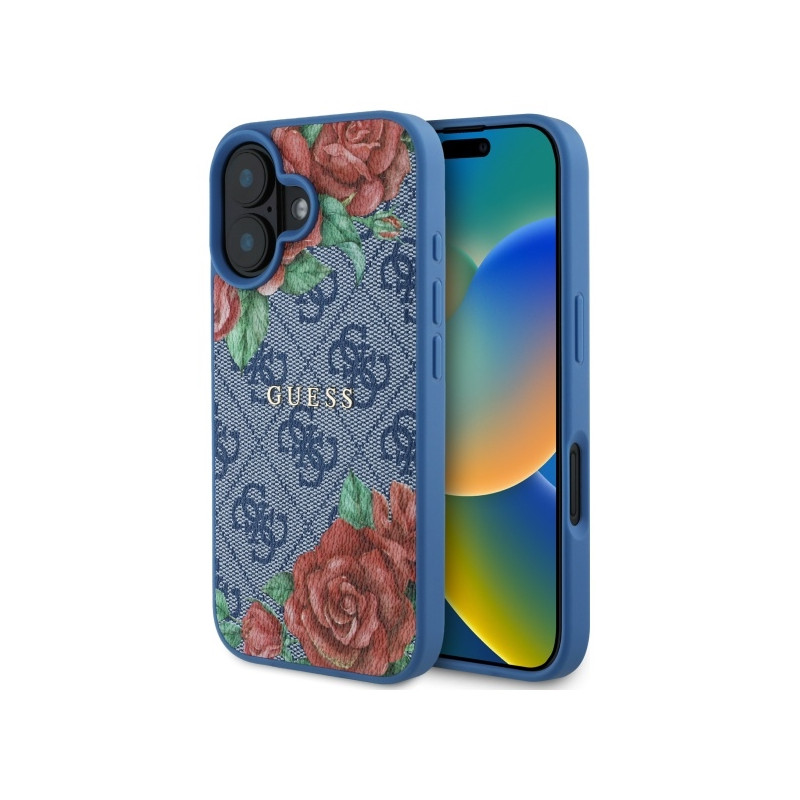 „Guess 4G“ gėlių rašto „MagSafe“ dėklas, skirtas „iPhone 16 6.1“ – mėlynas