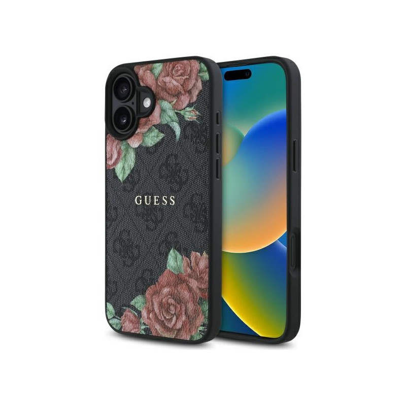 „Guess 4G“ gėlių rašto „MagSafe“ dėklas, skirtas „iPhone 16 6.1“ – juodas