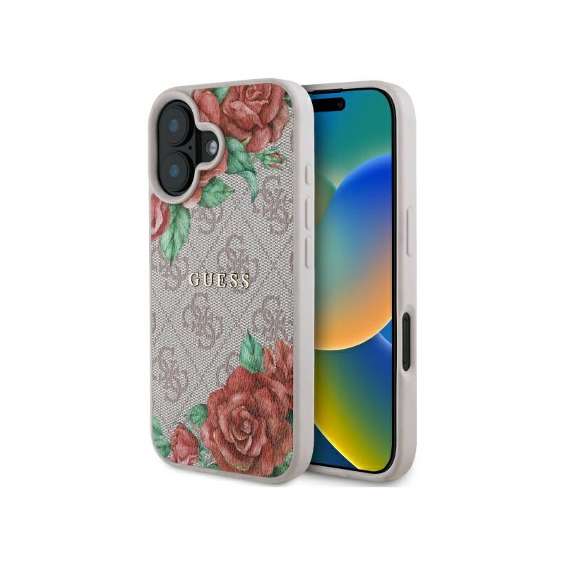 „Guess 4G“ gėlių rašto „MagSafe iPhone 16 6.1“ dėklas – rožinis