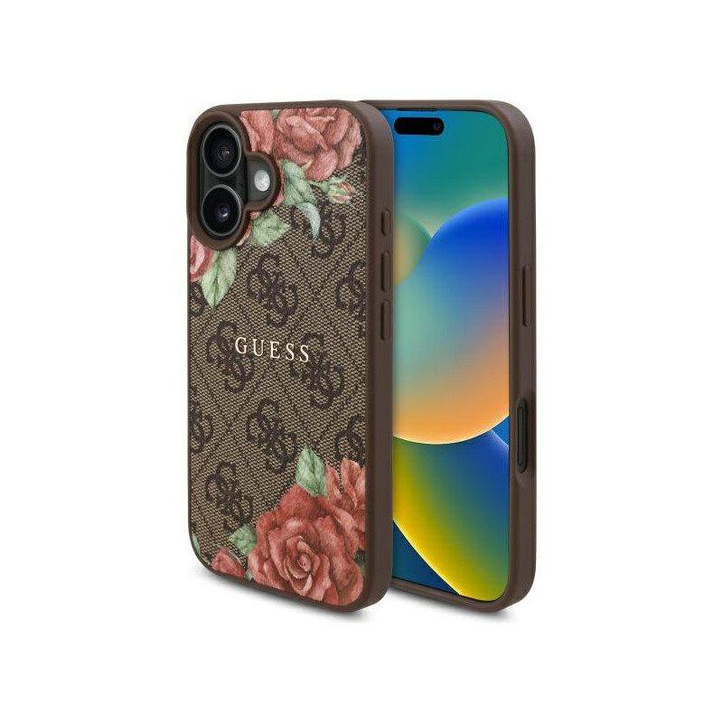 „Guess 4G“ gėlių rašto „MagSafe“ dėklas, skirtas „iPhone 16 6.1“ – rudas