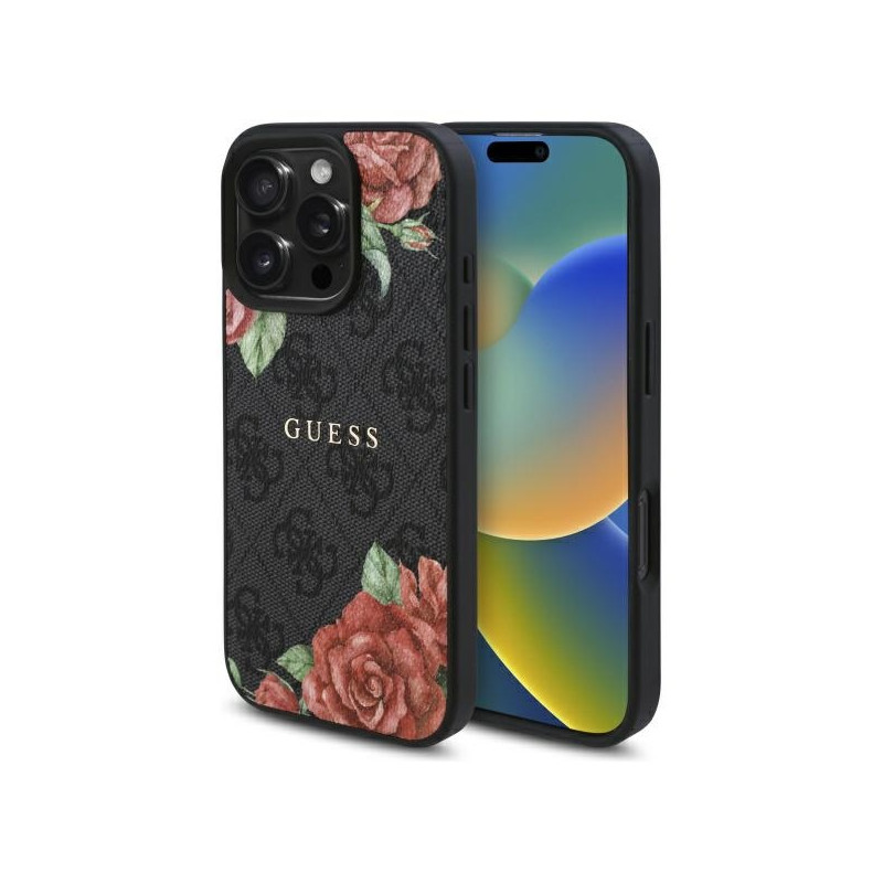 „Guess 4G“ gėlių rašto „MagSafe“ dėklas, skirtas „iPhone 16 Pro Max 6.9“ – juodas