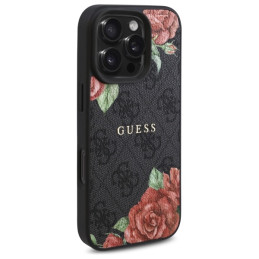 „Guess 4G“ gėlių rašto „MagSafe“ dėklas, skirtas „iPhone 16 Pro Max 6.9“ – juodas