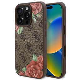 „Guess 4G“ gėlių rašto „MagSafe“ dėklas, skirtas „iPhone 16 Pro Max 6.9“ – rudas
