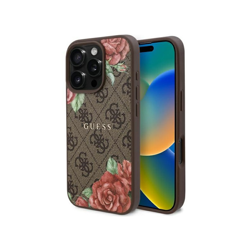 „Guess 4G“ gėlių rašto „MagSafe“ dėklas, skirtas „iPhone 16 Pro Max 6.9“ – rudas