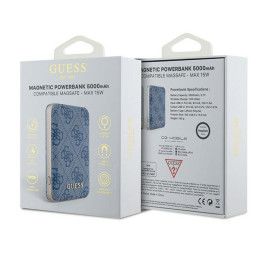 Indukcinė nešiojama baterija „Guess 4G“ su odiniu metaliniu logotipu, „MagSafe“ 15 W, 5000 mAh, mėlyna