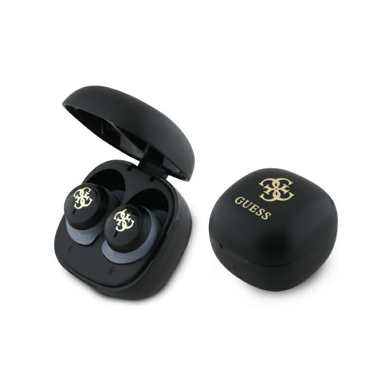 „Guess Iridescent 4G“ TWS „Bluetooth“ ausinės su spausdintu logotipu ir įkrovimo stotele – juodos