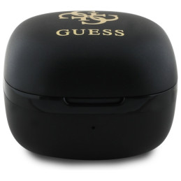 „Guess Iridescent 4G“ TWS „Bluetooth“ ausinės su spausdintu logotipu ir įkrovimo stotele – juodos