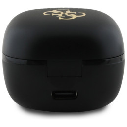 „Guess Iridescent 4G“ TWS „Bluetooth“ ausinės su spausdintu logotipu ir įkrovimo stotele – juodos