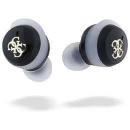 „Guess Iridescent 4G“ TWS „Bluetooth“ ausinės su spausdintu logotipu ir įkrovimo stotele – juodos