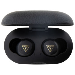 „Guess Grained Classic Logo TWS Bluetooth“ ausinės su įkrovimo stotele – juodos