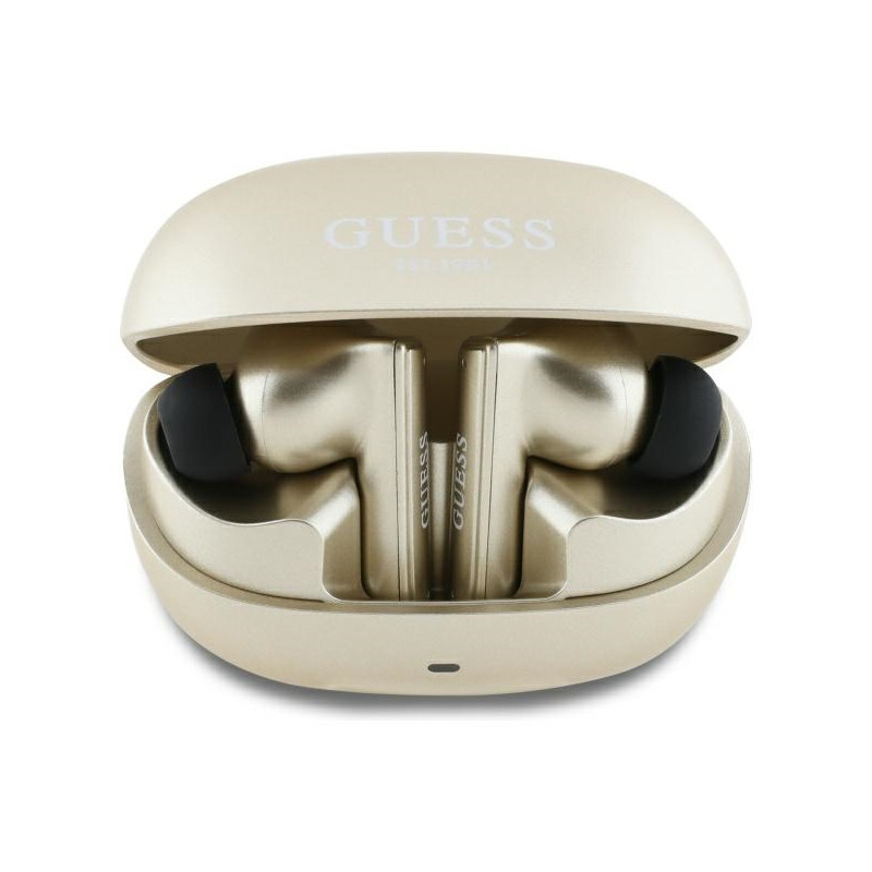 „Guess“ kapsulės formos spausdinto logotipo TWS „Bluetooth“ ausinės + įkrovimo stotelė – auksinės