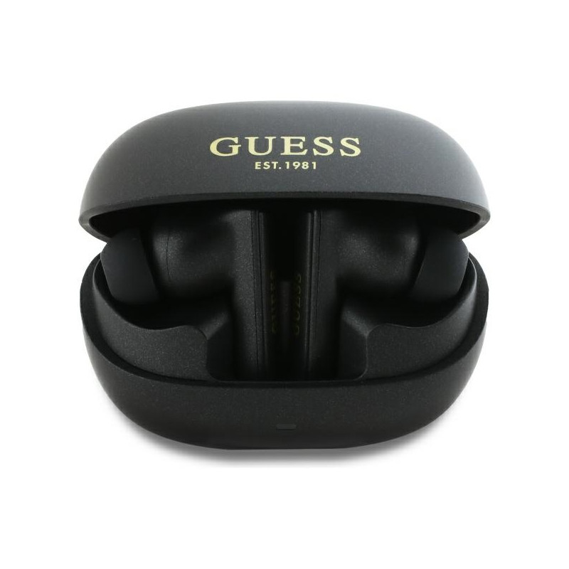 „Guess“ kapsulės formos spausdinto logotipo TWS „Bluetooth“ ausinės + prijungimo stotelė - juodos