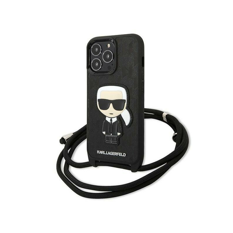 „Karl Lagerfeld“ odinis „iPhone 13 Pro“ / 13 „Iconik“ dėklas su monogramos ir virvelės uždangalu – juodas