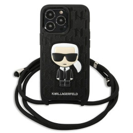 „Karl Lagerfeld“ odinis „iPhone 13 Pro“ / 13 „Iconik“ dėklas su monogramos ir virvelės uždangalu – juodas