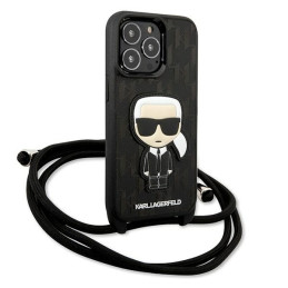 „Karl Lagerfeld“ odinis „iPhone 13 Pro“ / 13 „Iconik“ dėklas su monogramos ir virvelės uždangalu – juodas